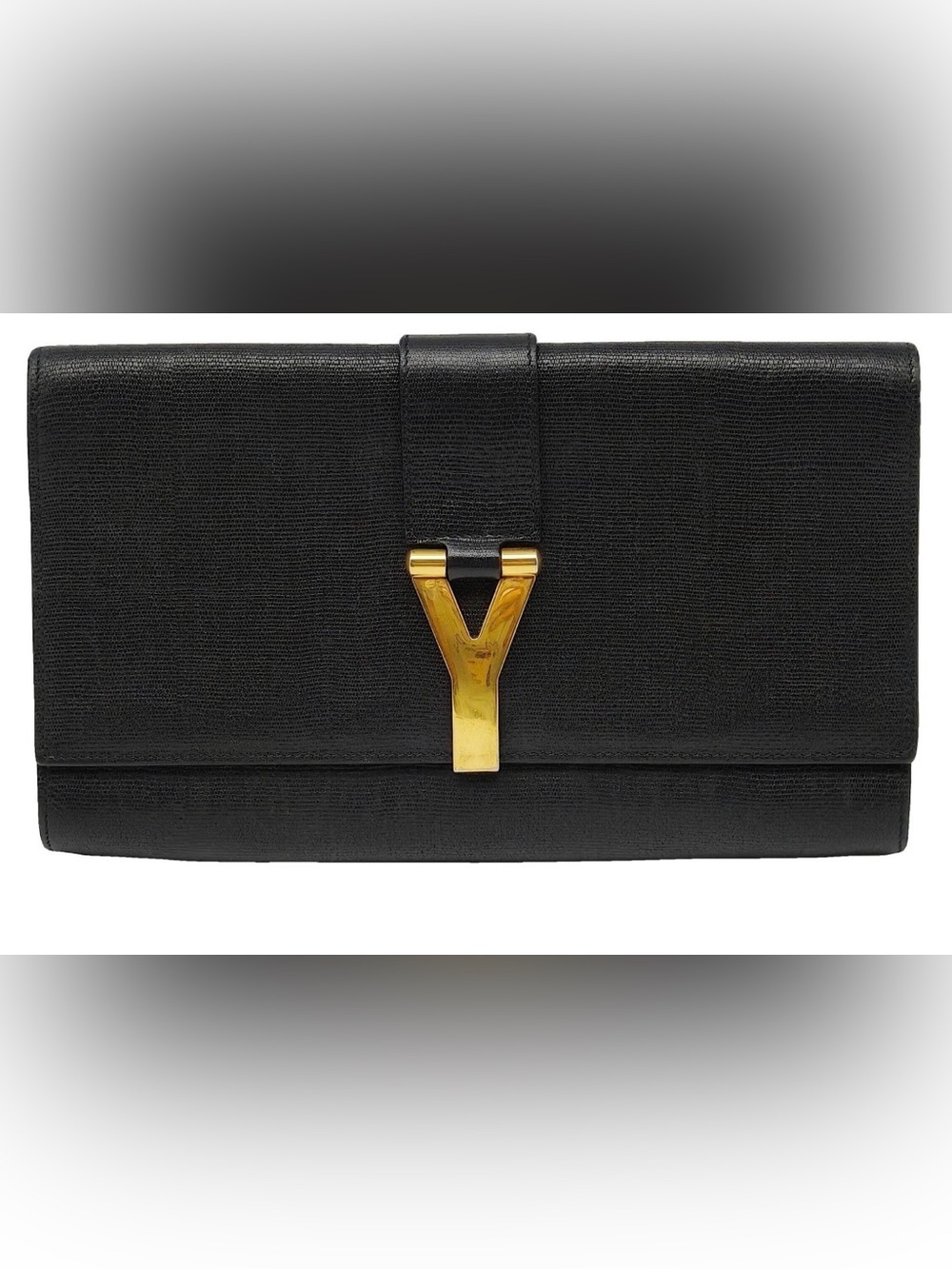 Saint Laurent Black Textured Leather Y-Ligne Clutch gold-tone Y buckle